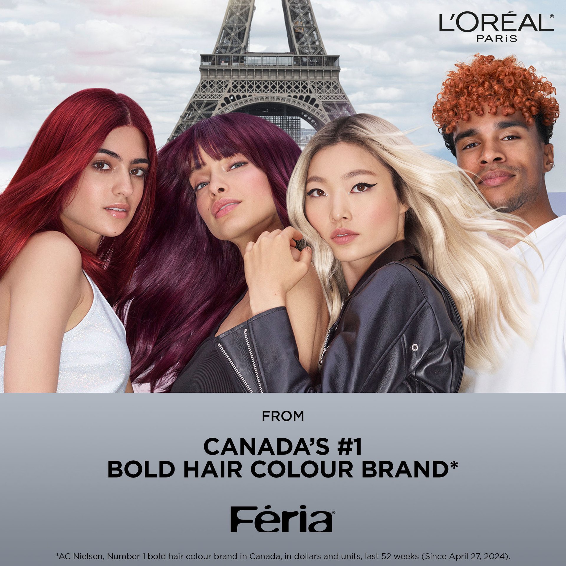 Feria N1 bold hair color, 3 women with red hair color, violet pink hair color and bleach hair and 1 man with orange hair color